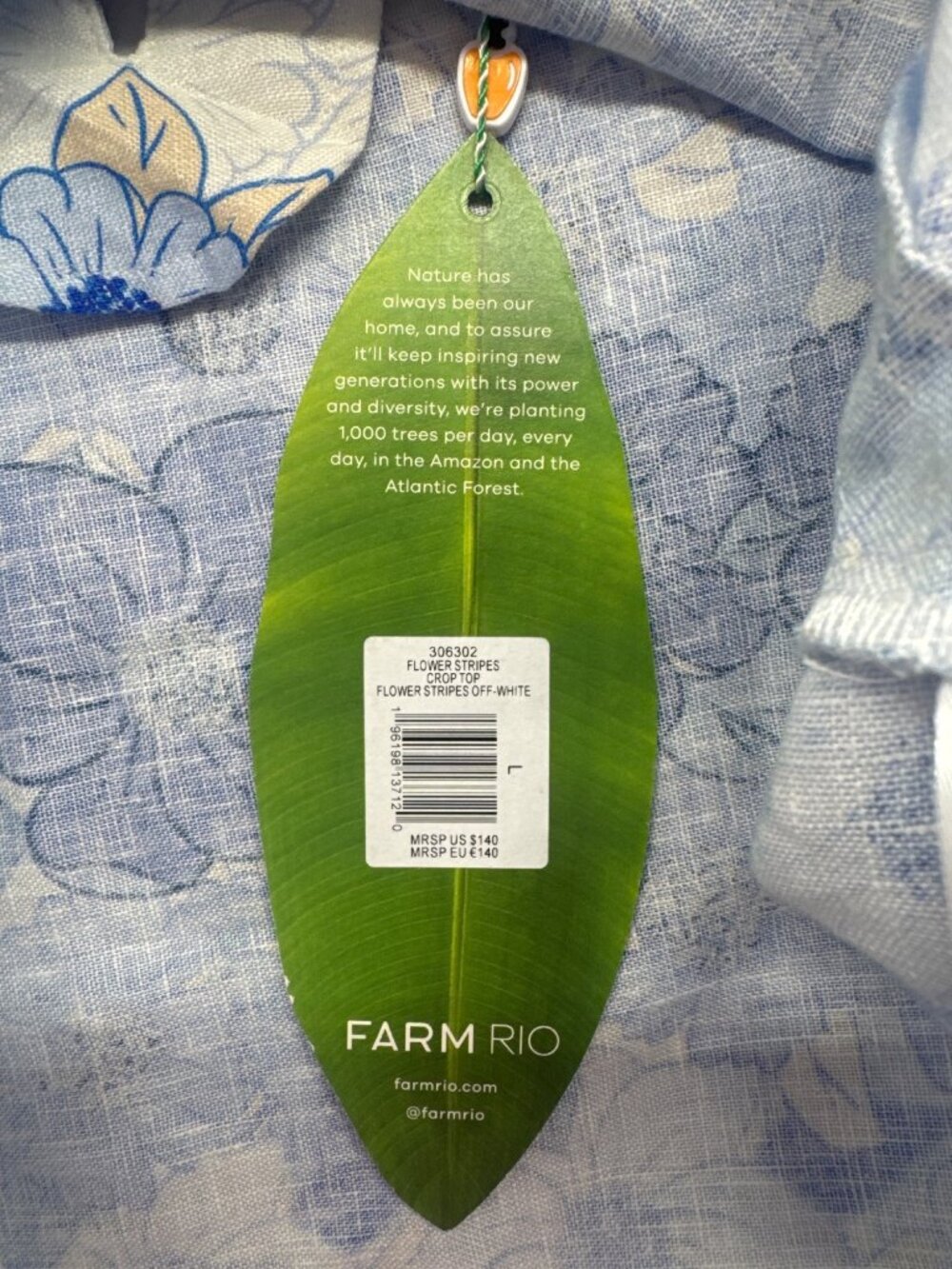 Farm Rio Women Top Sz L Blue/White Flower Stripes Crop Top Linen Floral Boho NWT - Picture 10 of 16